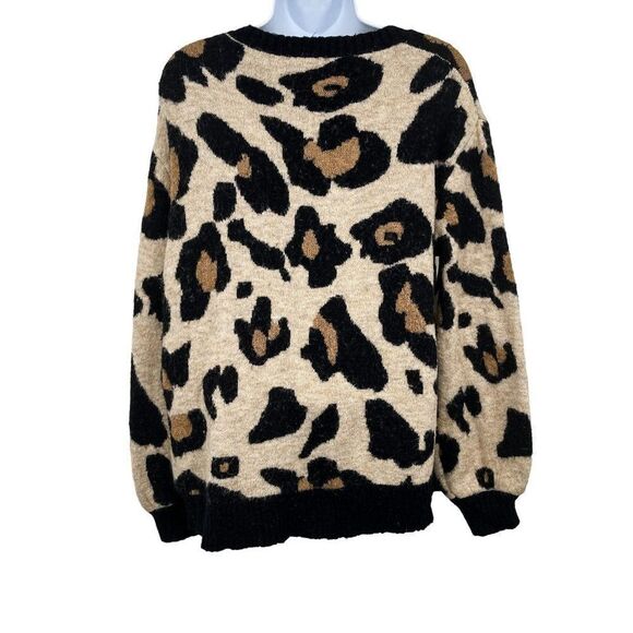 Entro Leopard Cheetah Knit Animal Print Balloon Sleeve Cozy Sweater Top - Picture 5 of 8